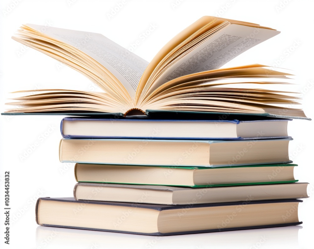 On white, there is a stack of books and one open book atop it On white, there is a stack of books and one open book atop it