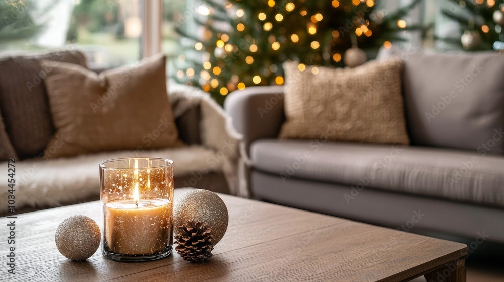 Close-up of Christmas lights on a coffee table next to a couch in the living room Close-up of Christmas lights on a coffee table next to a couch in the living room