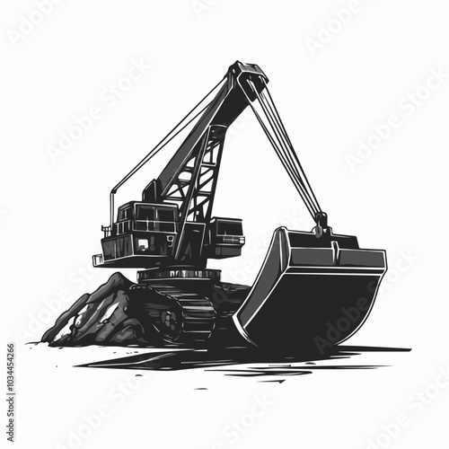 Black and white illustration of heavy quarry equipment.