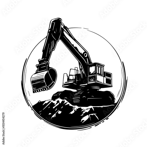 Black and white illustration of heavy quarry equipment.