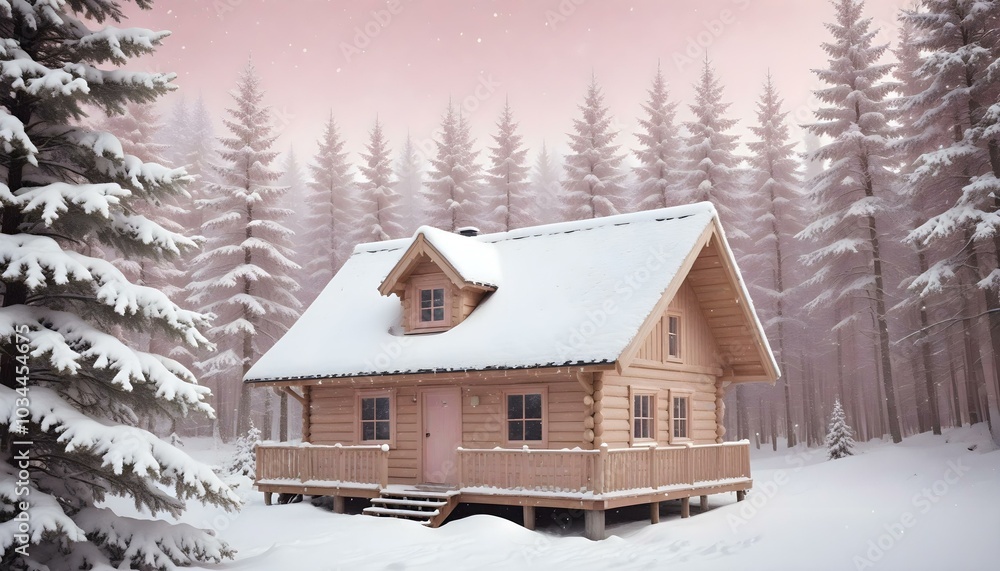 Wooden house in winter forest. AI generated