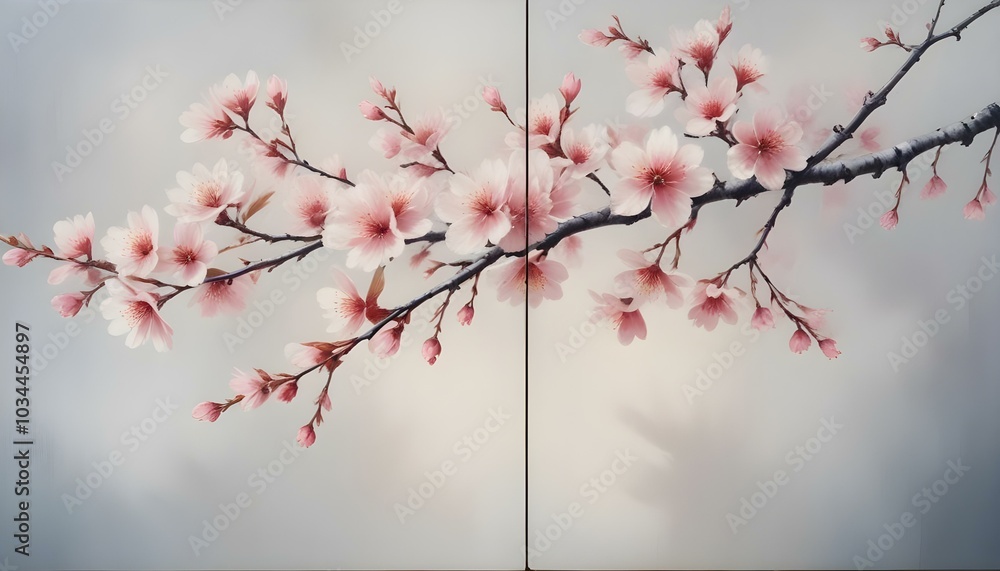 Oil paintings artwork, floral spring scenics triptych, blooming sakura branch Oil paintings artwork, floral spring scenics triptych, blooming sakura branch