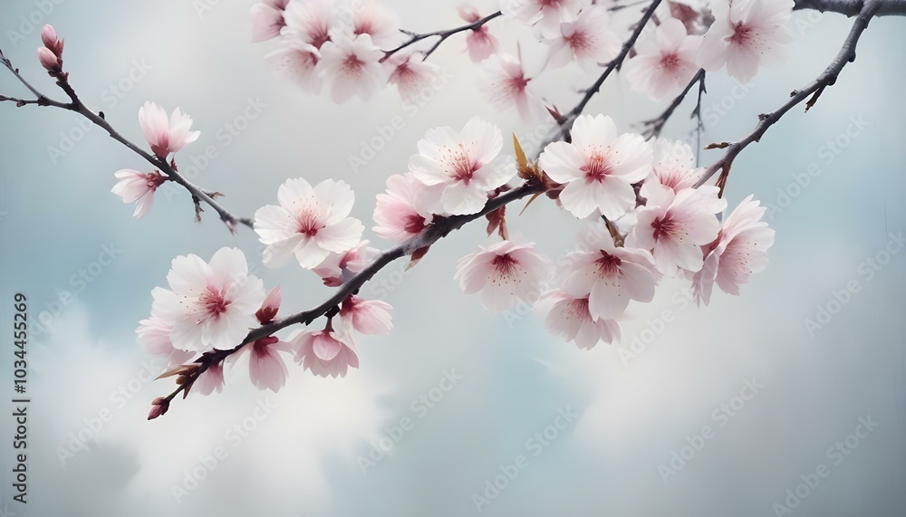 Oil paintings artwork, floral spring scenics triptych, blooming sakura branch Oil paintings artwork, floral spring scenics triptych, blooming sakura branch