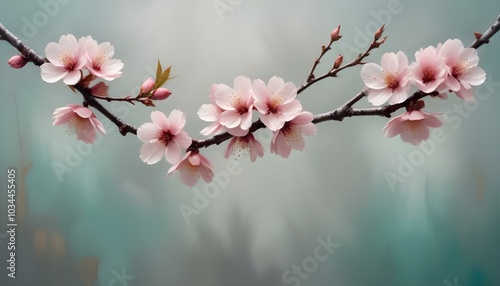 Oil paintings artwork, floral spring scenics triptych, blooming sakura branch