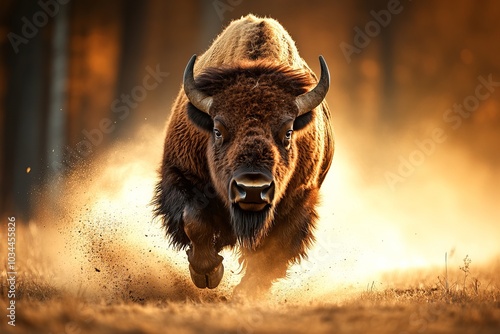 A powerful bison running through golden grass, capturing the wild spirit of nature. photo