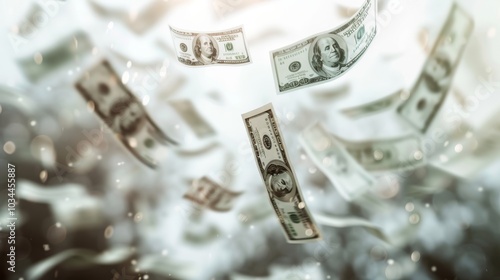 Dollars notes flying in the air, white background