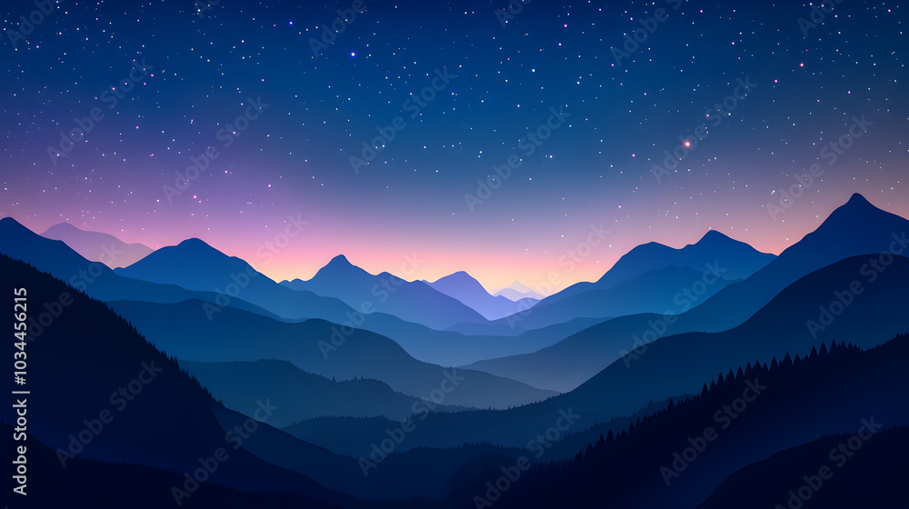 A serene evening view of mountain ranges under a starry sky at twilight in nature’s beauty