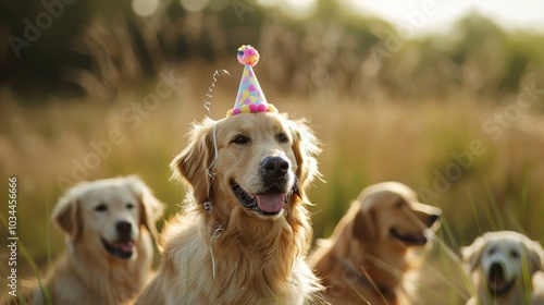 A cute dog wearing a party hat, he is having a birthday party with his other dog friends photo