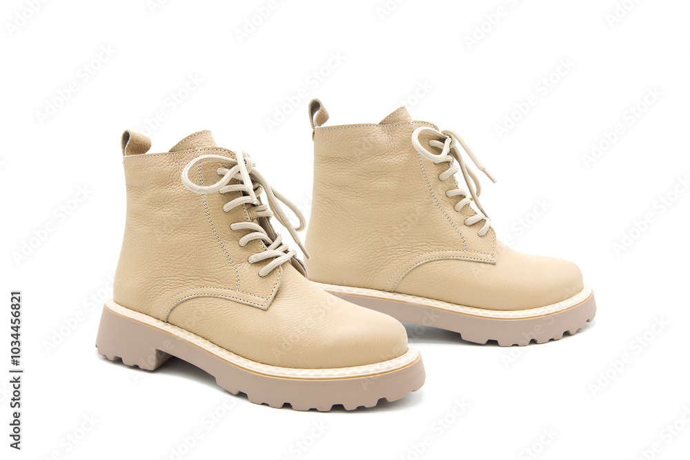 Fashionable leather lace-up boots isolated on white background. View from all sides. Fashionable leather lace-up boots isolated on white background. View from all sides.