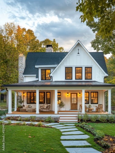 a white house with a porch and a stone walkway