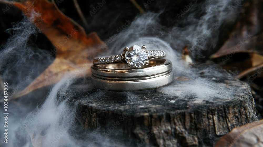 Elegant Wedding Rings on Natural Surface with Smoke Elegant Wedding Rings on Natural Surface with Smoke