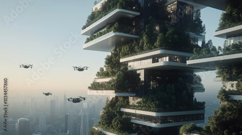 Sci-Fi Architecture: A futuristic cityscape with towering arcology structures covered in greenery photo