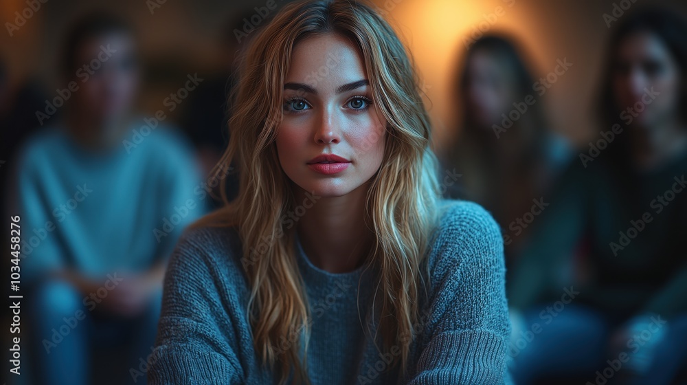 Portrait of a thoughtful woman in a sweater surrounded by friends indoors Portrait of a thoughtful woman in a sweater surrounded by friends indoors