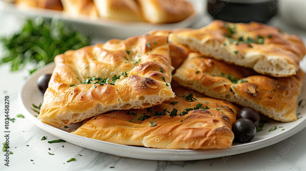 A plate of freshly baked focaccia bread with olives and herbs. A plate of freshly baked focaccia bread with olives and herbs.