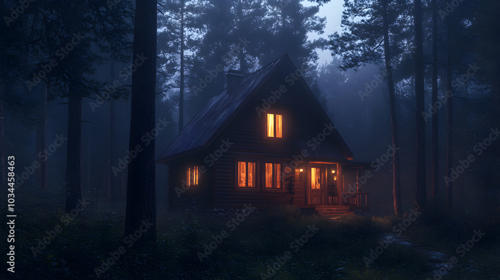 A cozy cabin with glowing windows nestled in a misty forest at dusk A cozy cabin with glowing windows nestled in a misty forest at dusk
