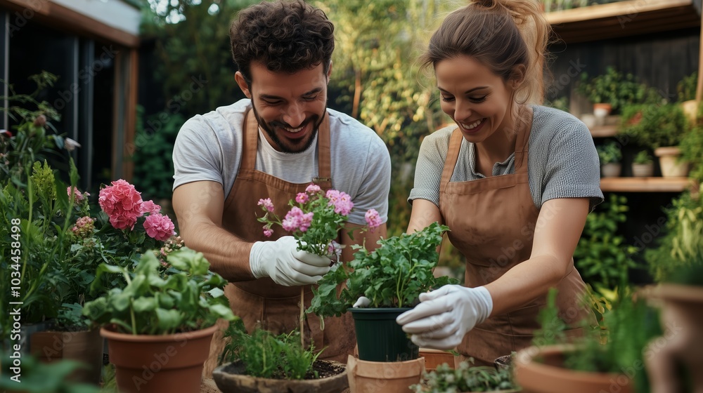 Young couple engages in gardening activities while planting flowers together in a vibrant greenhouse during a sunny afternoon Young couple engages in gardening activities while planting flowers together in a vibrant greenhouse during a sunny afternoon