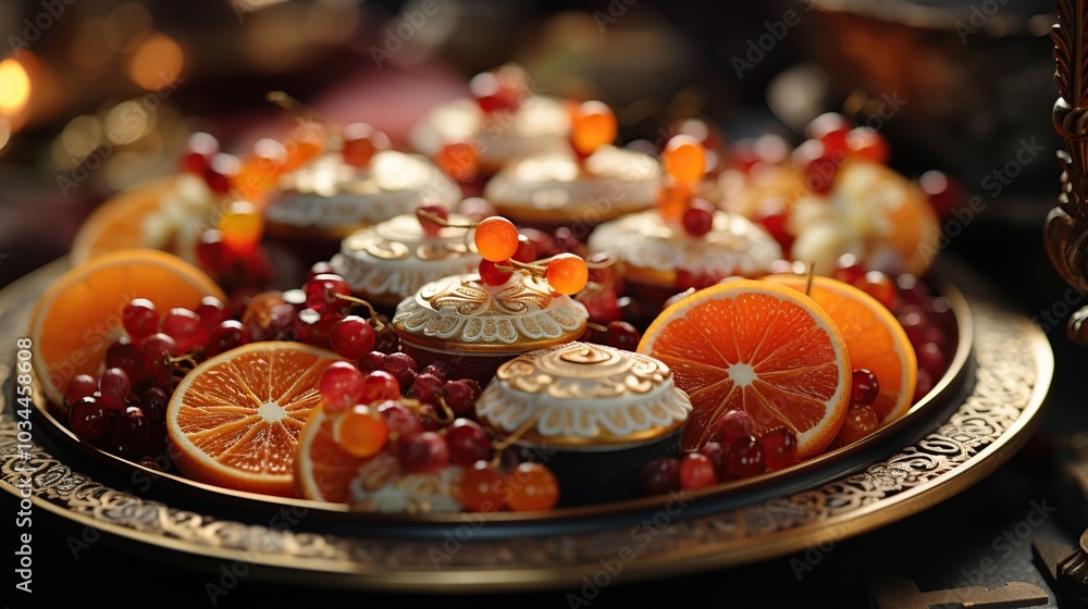 A platter of golden and white cupcakes topped with red berries, surrounded by orange slices and red grapes. A platter of golden and white cupcakes topped with red berries, surrounded by orange slices and red grapes.
