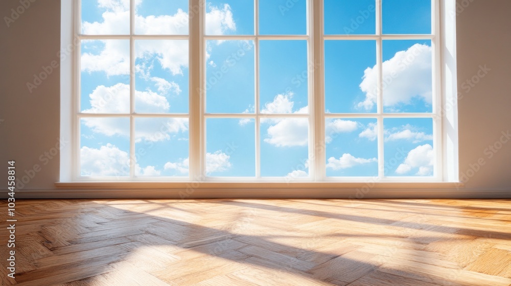 In a spacious room featuring elegant wooden flooring, large windows invite abundant natural light, revealing a clear blue sky with drifting clouds In a spacious room featuring elegant wooden flooring, large windows invite abundant natural light, revealing a clear blue sky with drifting clouds