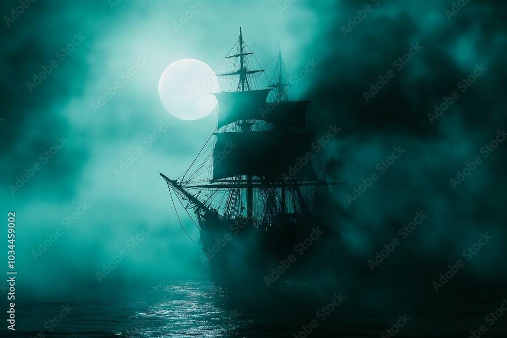 Haunted Ghost Ship in Misty Ocean Under Full Moon Haunted Ghost Ship in Misty Ocean Under Full Moon