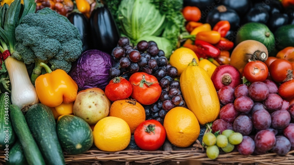A variety of fresh fruits and vegetables is attractively arranged at a local market stall, highlighting the rich colors and textures of the autumn harvest season A variety of fresh fruits and vegetables is attractively arranged at a local market stall, highlighting the rich colors and textures of the autumn harvest season