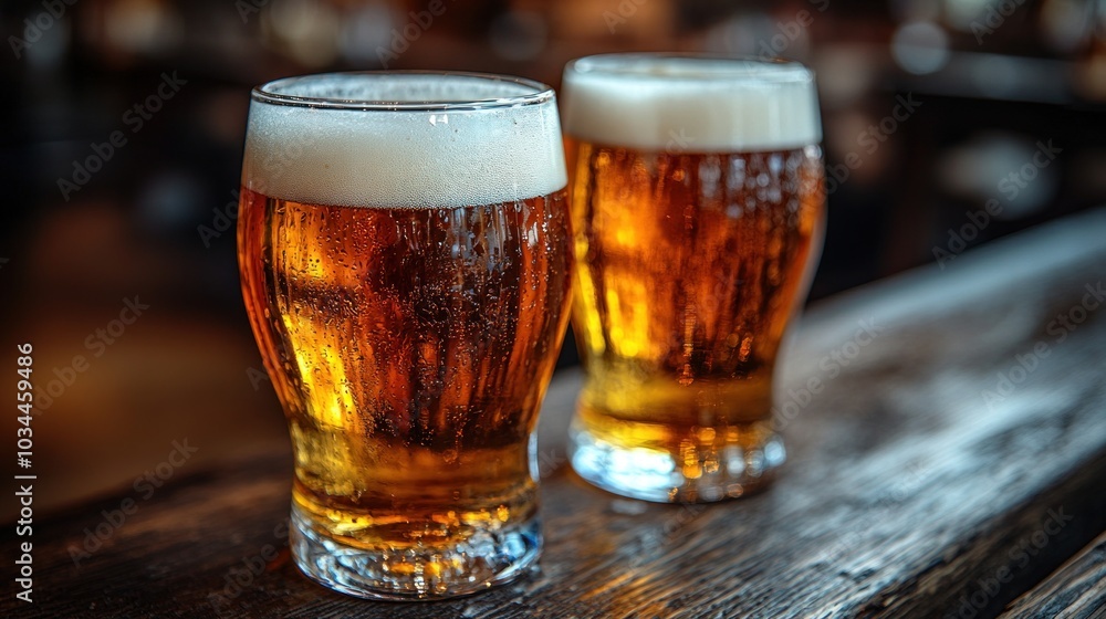 Two chilled glasses filled with golden craft beer sit on a rustic wooden bar in a lively pub, capturing the warm atmosphere of a friendly evening gathering Two chilled glasses filled with golden craft beer sit on a rustic wooden bar in a lively pub, capturing the warm atmosphere of a friendly evening gathering