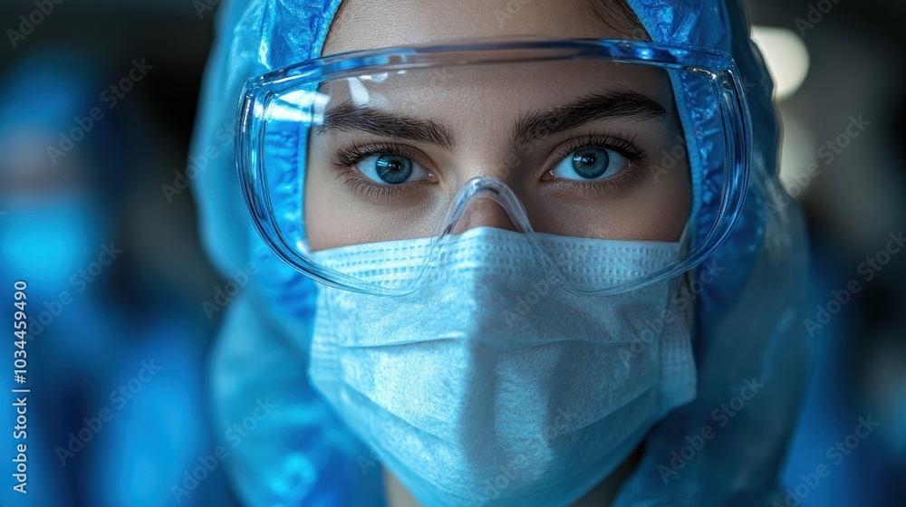A healthcare professional wears protective gear, including a mask and goggles, emphasizing commitment and safety in a clinical environment amidst the pandemic A healthcare professional wears protective gear, including a mask and goggles, emphasizing commitment and safety in a clinical environment amidst the pandemic