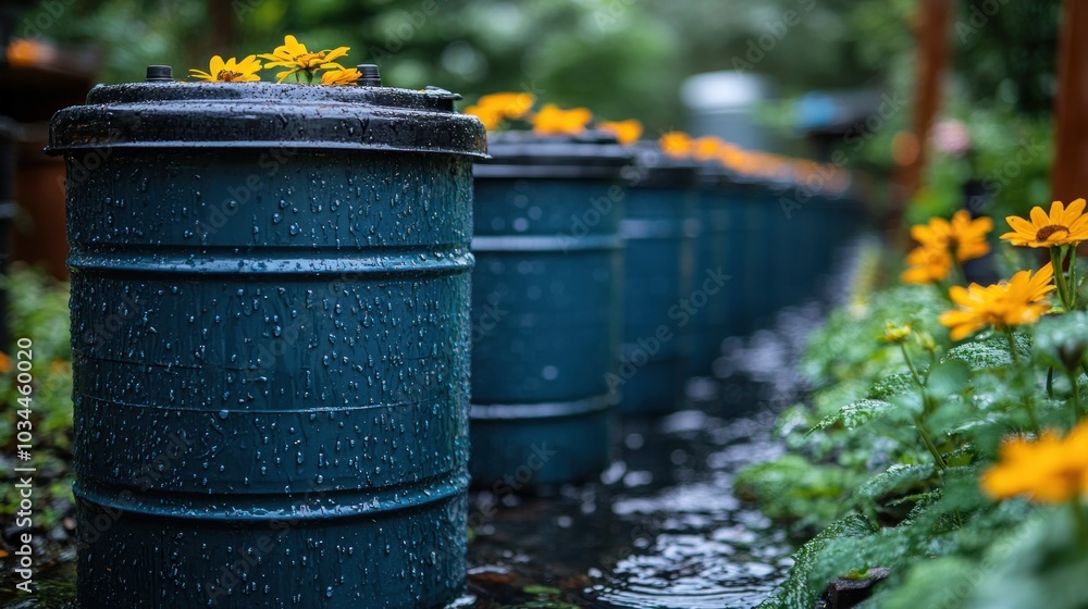 A row of blue barrels with vibrant yellow flowers on top is surrounded by a lush garden. Rainwater collects around them, creating a serene atmosphere on this peaceful rainy day A row of blue barrels with vibrant yellow flowers on top is surrounded by a lush garden. Rainwater collects around them, creating a serene atmosphere on this peaceful rainy day