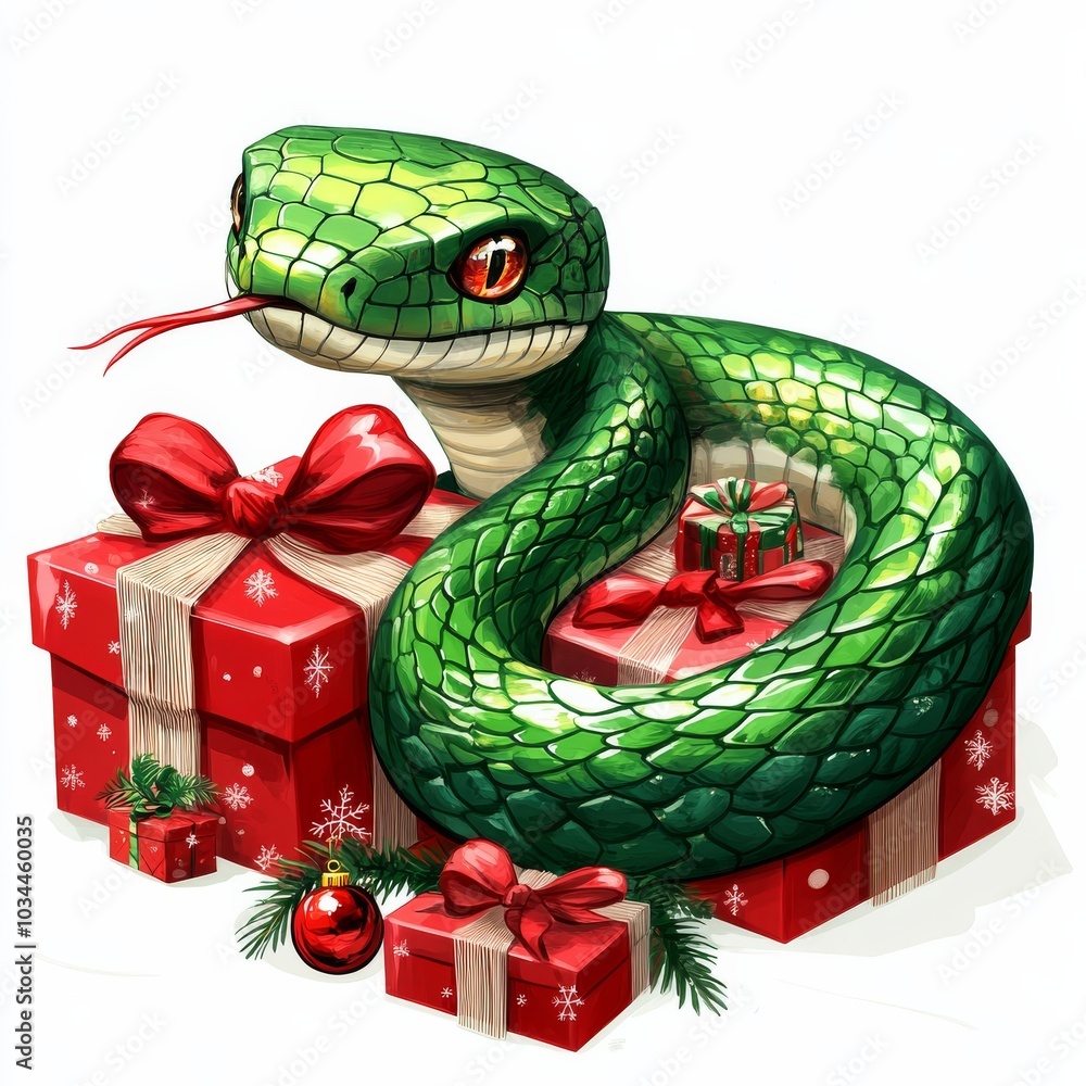 Fototapeta premium A cartoon-style green snake surrounded by colorful Christmas gifts, set against a white background