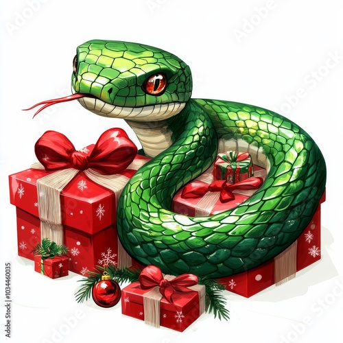 A cartoon-style green snake surrounded by colorful Christmas gifts, set against a white background
