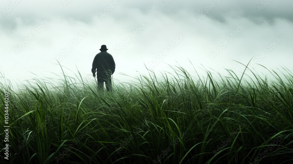 Fototapeta premium A solitary person walks through a fog-covered field at dawn, immersed in lush green grass, evoking a sense of peace and connection with nature
