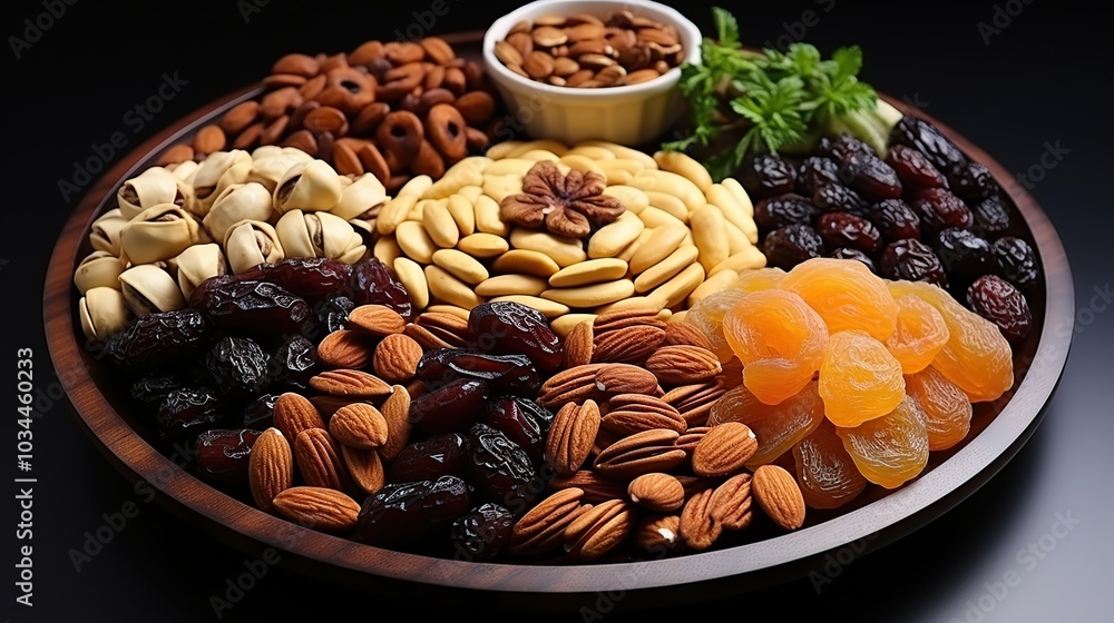 A wooden platter with dried apricots, dates, raisins, pistachios, and almonds, a small bowl of almonds, and fresh mint leaves. A wooden platter with dried apricots, dates, raisins, pistachios, and almonds, a small bowl of almonds, and fresh mint leaves.