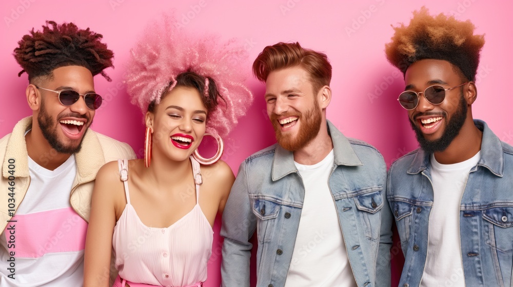 Four friends are laughing and posing together, showcasing their unique hairstyles and stylish outfits while enjoying each other's company in a joyful atmosphere Four friends are laughing and posing together, showcasing their unique hairstyles and stylish outfits while enjoying each other's company in a joyful atmosphere