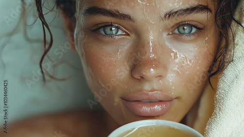 Obraz na płótnie Night beauty skin care routine concept, A woman portrait after a steam shower and sauna with a face pack on covered with a towel and sipping a lemon tea, looking at camera w salonie