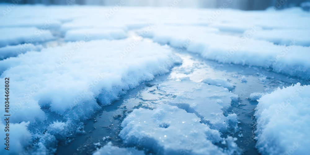 Obraz premium Texture of icy ground featuring frozen patches of ice, creating a captivating surface. Ideal for backgrounds, winter themes, or any project needing a cool, frosty aesthetic