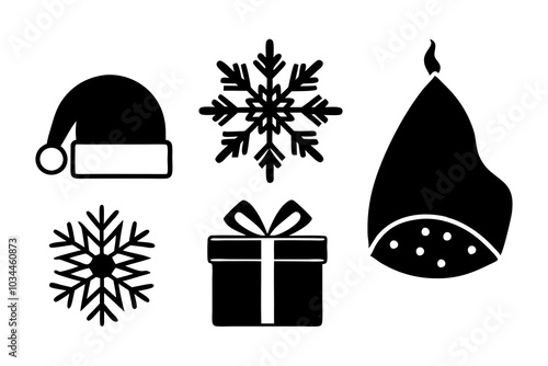 Set Snowflake, Christmas mitten, Santa Claus hat, Interior fireplace, Calendar, Gift box, Burning candle and Winter scarf icon.happy Christmas Victor icon.