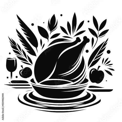 Black and white illustration of a cooked turkey on Thanksgiving Day