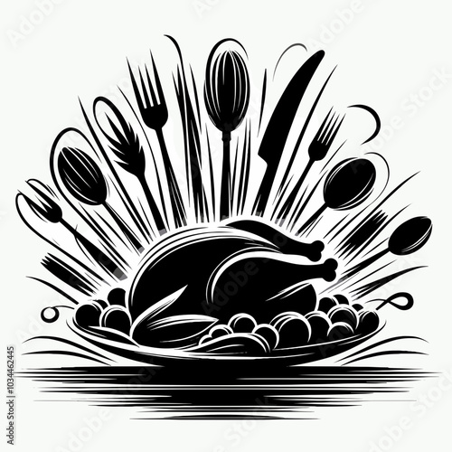 Black and white illustration of a cooked turkey on Thanksgiving Day