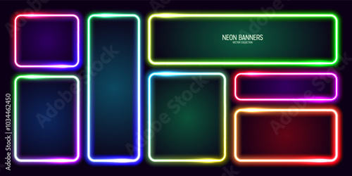 Colorful glowing neon banners, illuminated square frames. Shiny vibrant border, glow effect. Purple vintage retro lights, night illumination. Modern futuristic UI design elements. Vector illustration