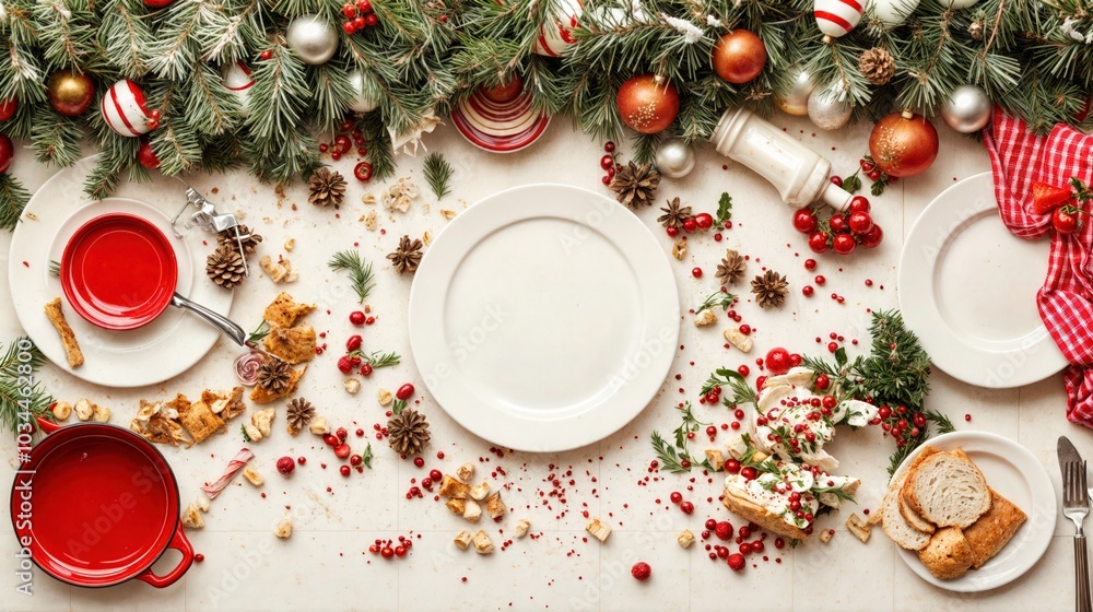 Messy Christmas dinner table with festive decorations, pine branches, and holiday food