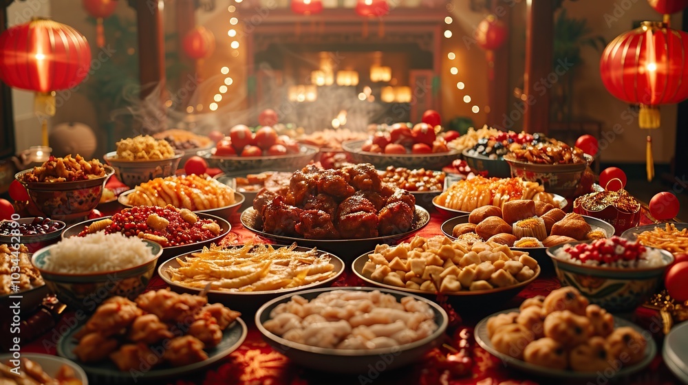 A traditional Chinese New Year feast table, set with a variety of dishes, including steamed fish, noodles, and dumplings, in a warm and inviting setting. A traditional Chinese New Year feast table, set with a variety of dishes, including steamed fish, noodles, and dumplings, in a warm and inviting setting.