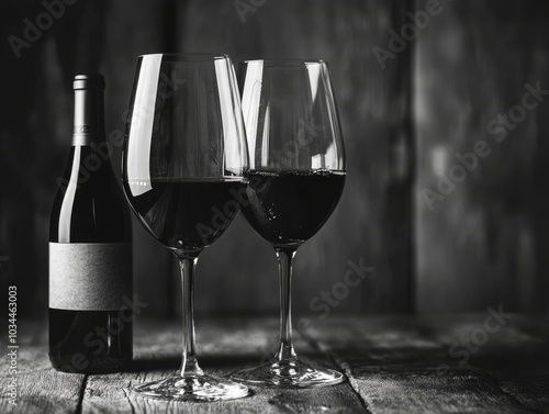 A striking black and white photograph of wine bottles and glasses, showcasing their elegance and character