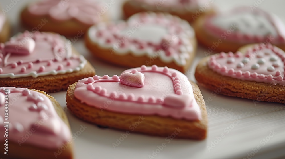 Close-up of pink heart-shaped cookies with white frosting and sprinkles, arranged on a white plate. Close-up of pink heart-shaped cookies with white frosting and sprinkles, arranged on a white plate.