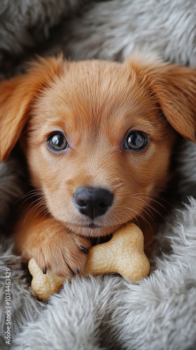 uppy with a toy bone in the center, every hair visible, realistic photo photo