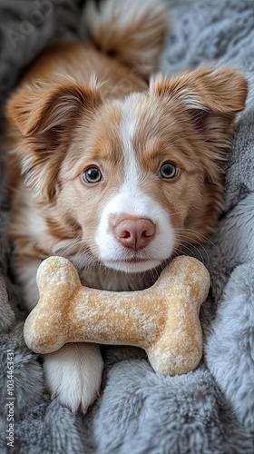 uppy with a toy bone in the center, every hair visible, realistic photo photo