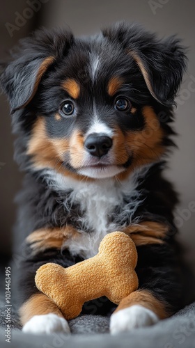 uppy with a toy bone in the center, every hair visible, realistic photo