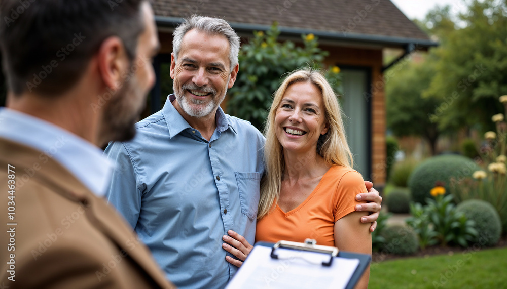 A joyful couple interacts with a real estate agent outside their newly purchased house, expressing happiness and excitement for their new beginning. The home and garden provide a beautiful backdrop.
A joyful couple interacts with a real estate agent outside their newly purchased house, expressing happiness and excitement for their new beginning. The home and garden provide a beautiful backdrop.