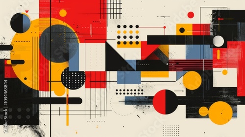 Abstract geometric Bauhaus pattern poster with overlapping shapes and primary colors. Minimalist design. Vector art