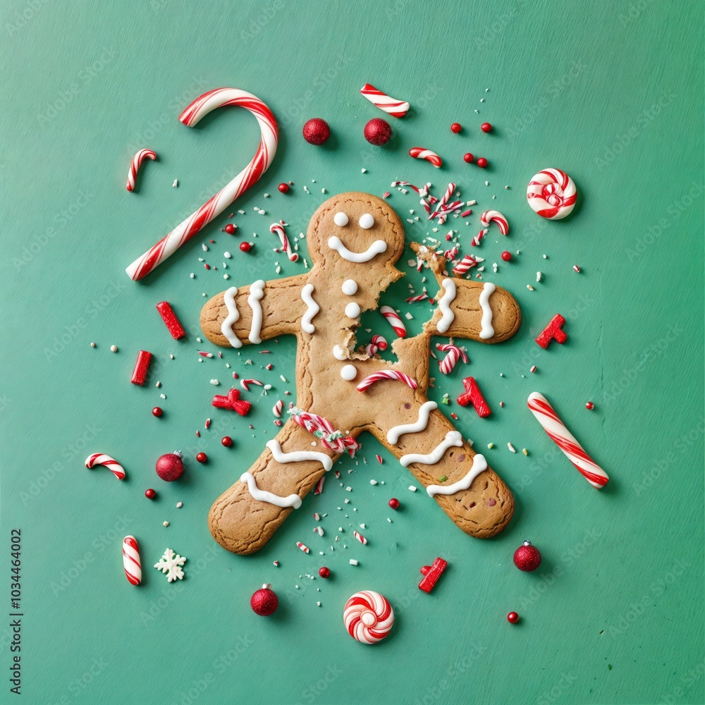 Top view of broken gingerbread man surrounded by candy canes and festive decorations, humorous Christmas concept