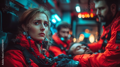 A rescue team in bright orange gear works diligently, providing vital care to an injured crew member as another teammate attentively monitors the situation. photo