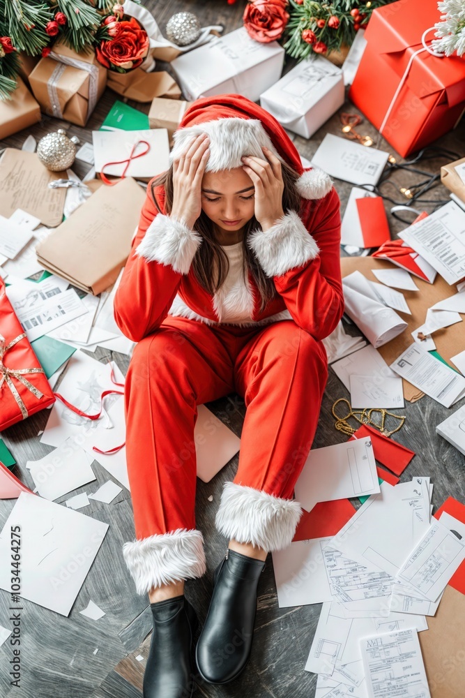 Stressed woman in Santa suit sitting among scattered holiday letters and gifts in Christmas chaos